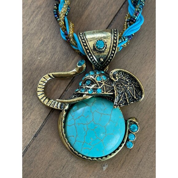Novadab Jewelry - Bohemian Braided Necklace With Elephant & Palm Tree Charms Turquoise & Bronze